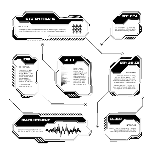 Elementos hud ui futuristas negros interfaz de usuario de ciencia ficción cajas de texto llamadas marcos de mensajes de advertencia