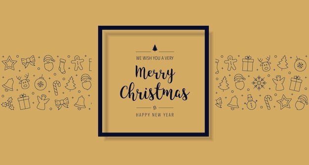 elementos de icona de la tarjeta de Navidad texto de saludo marco negro fondo dorado