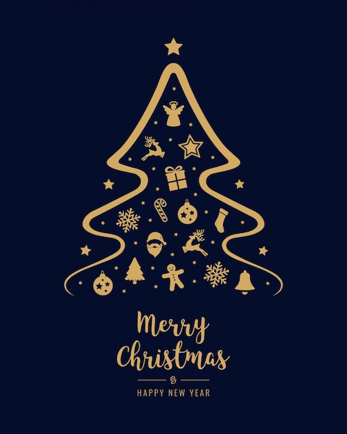 elementos de icono de árbol de Navidad feliz saludo tarjeta de texto fondo azul dorado