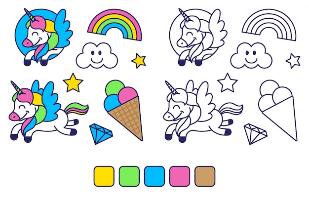 Elementos de iconos en estilo de pegatina para colorear para la educación de los niños y la inspiración con unicornio feliz fantasía colorido arco iris dulce helado. diseño plano de ilustración de personaje de dibujos animados modernos.