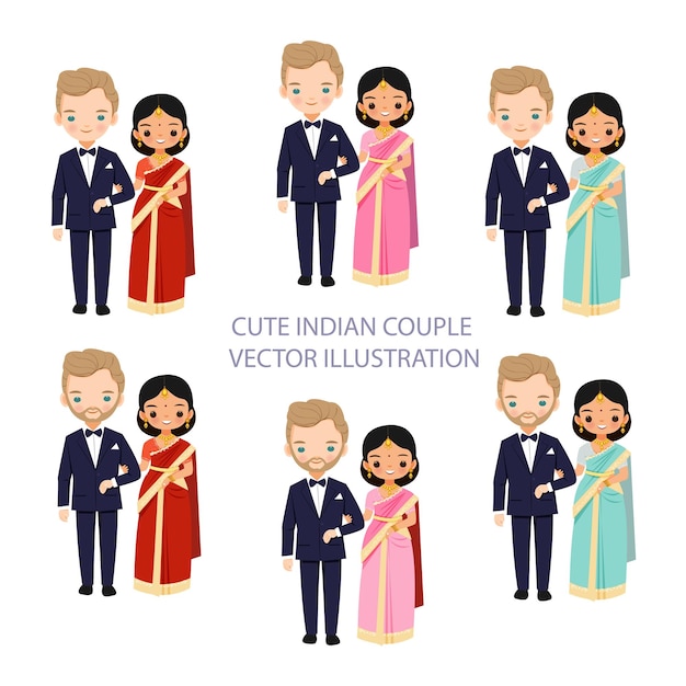 Elementos de ilustración vectorial de una linda pareja india en un traje de boda