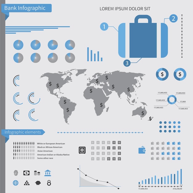 Vector elementos de infografía de banco, sobre fondo blanco.