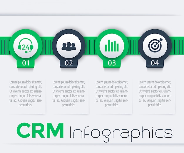 Elementos de infografía crm, 1, 2, 3, 4 pasos, línea de tiempo, informe, en verde y azul.