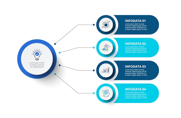 Elementos de infografía de cuatro círculos. concepto de diagrama de flujo con 4 opciones o pasos.