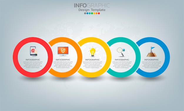 Elementos de infografía empresarial con 5 opciones o pasos.