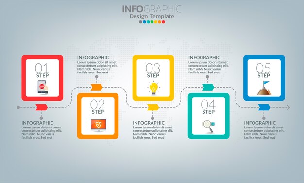 Elementos de infografía empresarial con 5 opciones o pasos.