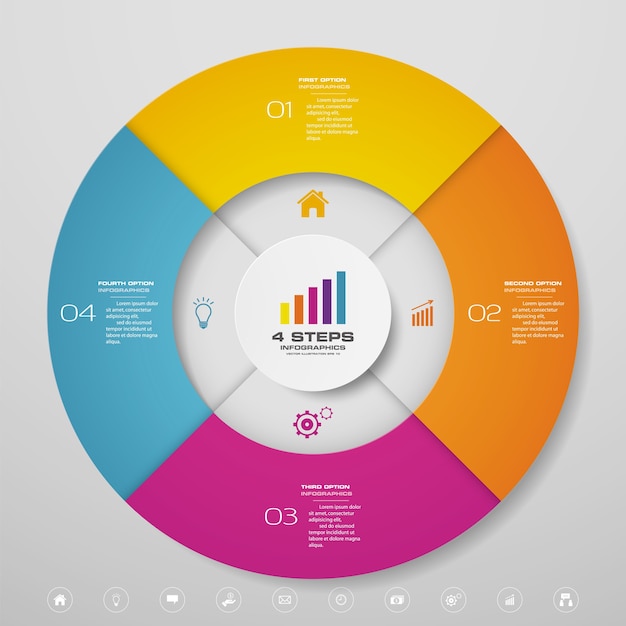 Elementos de infografía de gráfico de ciclo de 4 pasos para presentación de datos.