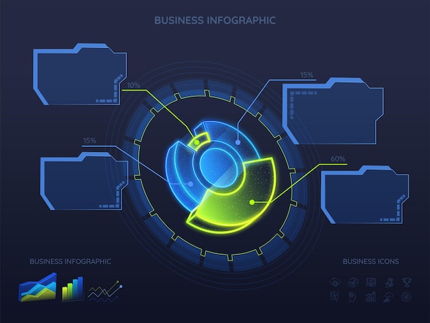 Elementos de infografía gráfico circular líneas de barras líneas lineales y gráficos de comparación sobre fondo azul Presentación de estilo 3D HUD Iluminación de neón