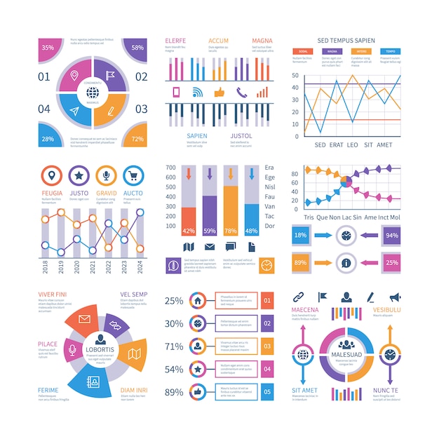Elementos de infografía Infografía de flujo, cronograma del diagrama de proceso, gráfico de organización del diagrama de pasos. Presentación conjunto de vectores de infografía