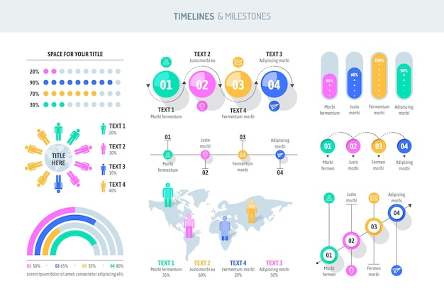 Elementos de infografía, líneas de tiempo y conjunto de negocios de hitos.