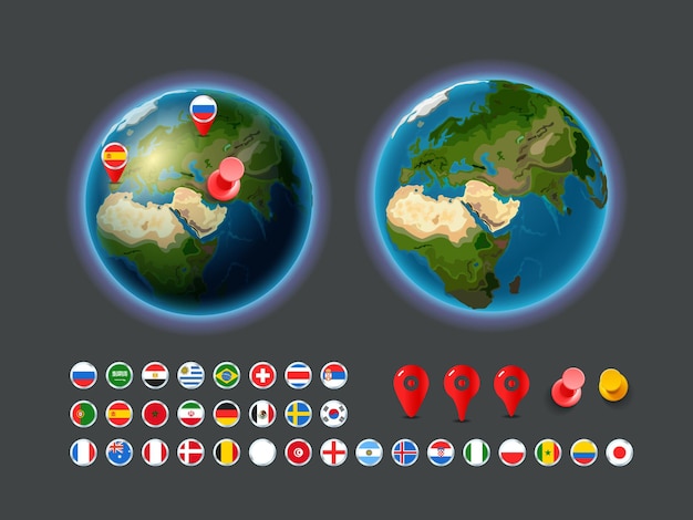 Elementos de infografía. mapa de la tierra con banderas y alfileres.