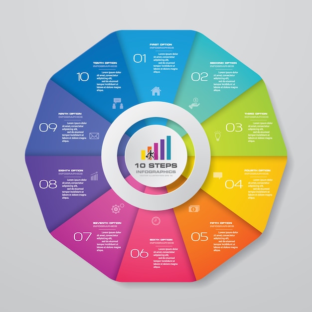 Elementos de infografía moderna tabla de círculo de 10 pasos.