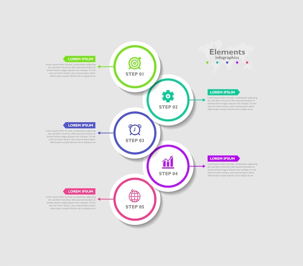 Elementos infografía negocio plantilla círculo colorido con cinco pasos