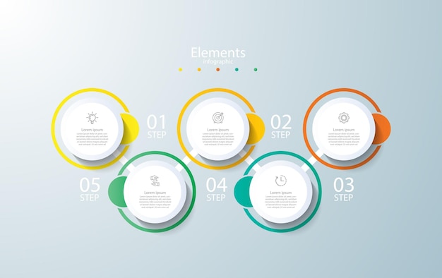 Elementos infografía negocio plantilla círculo colorido con cinco pasos