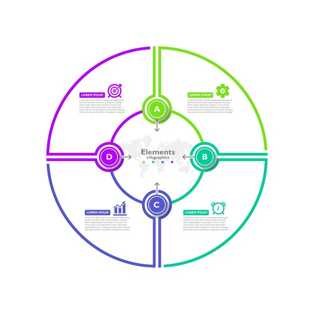Elementos infografía negocio plantilla círculo colorido con cuatro pasos