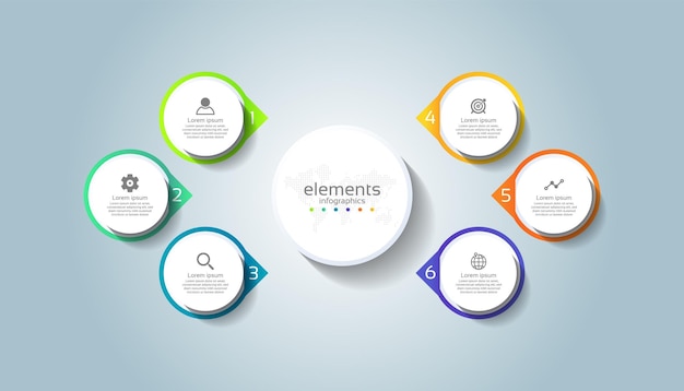 Elementos infografía negocio plantilla círculo colorido con seis pasos