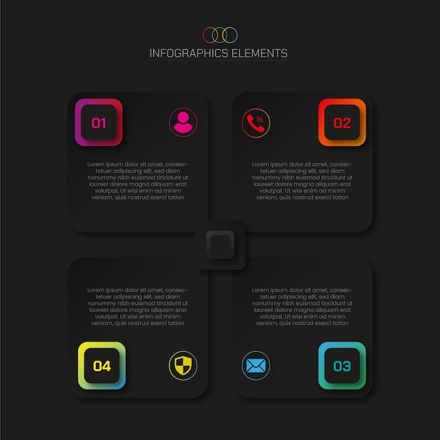 Vector elementos de infografía oscura de 4 pasos con efecto de brillo oscuro