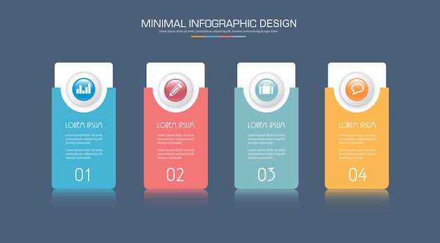 Elementos de infografía con proceso de icono de negocio o pasos y diseño de vector de flujo de trabajo de opciones