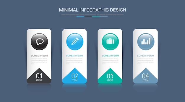 Elementos de infografía con proceso de icono de negocio o pasos y diseño de vector de flujo de trabajo de opciones
