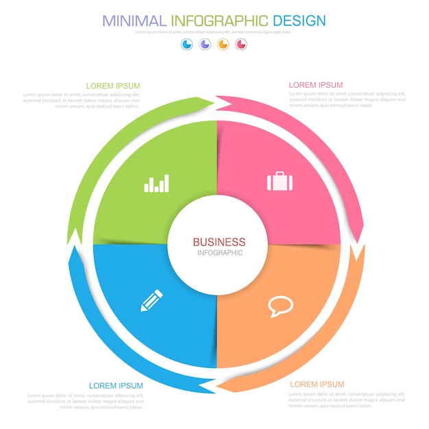 Elementos de infografía con proceso de icono de negocio o pasos y diseño de vector de flujo de trabajo de opciones