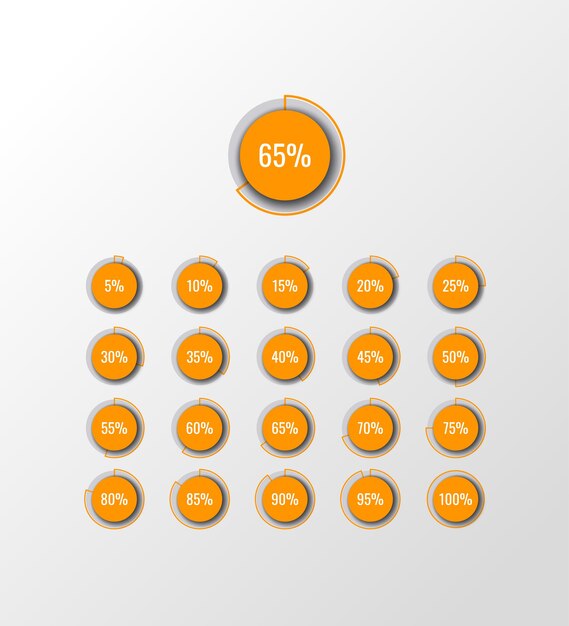 Elementos de infografía redondos de color naranja con sombra realista en gráfico circular de porcentaje sobre un fondo blanco