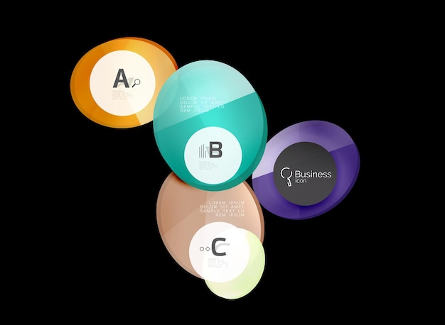 Elementos infográficos de círculos de color de vidrio sobre fondo abstracto negro