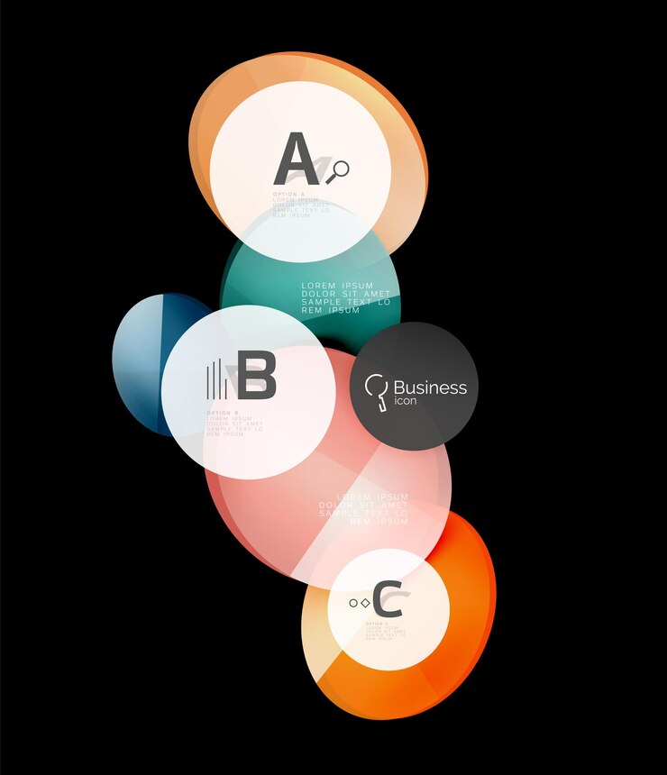 Vector elementos infográficos de círculos de color de vidrio sobre fondo abstracto negro