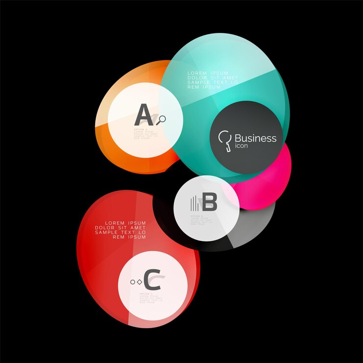 Vector elementos infográficos de círculos de color de vidrio sobre fondo abstracto negro
