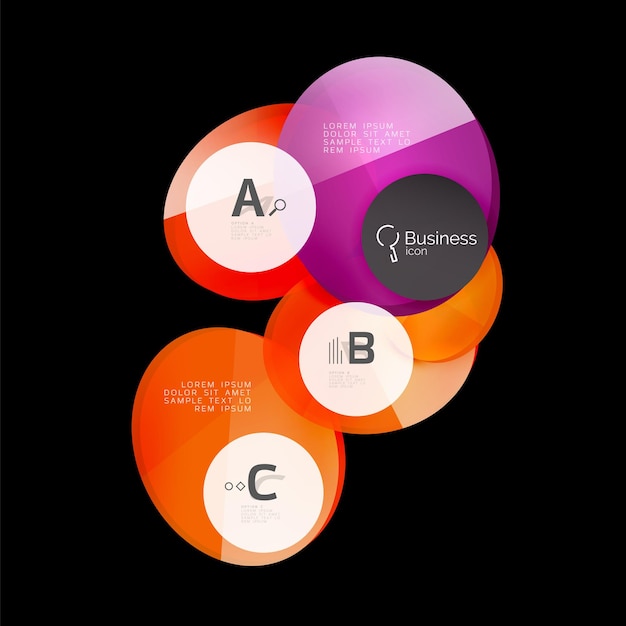 Elementos infográficos de círculos de color de vidrio sobre fondo abstracto negro