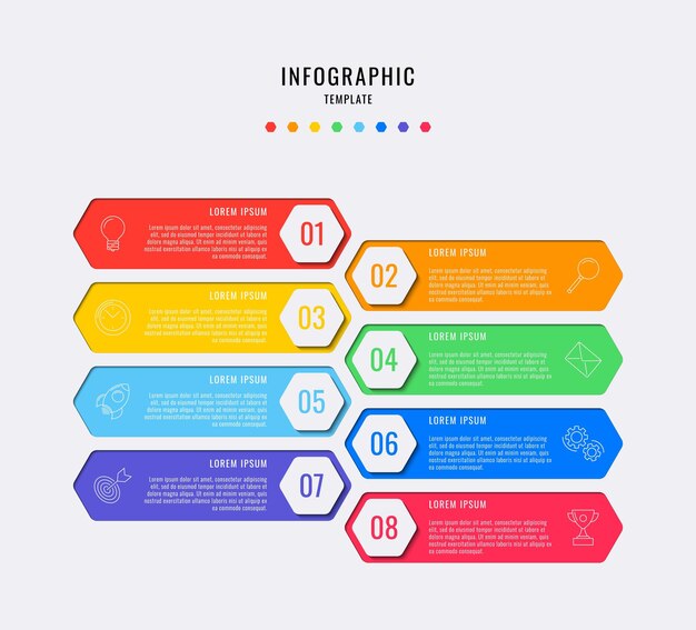 elementos infográficos hexagonales con opciones de ocho pasos, partes o procesos con cuadros de texto