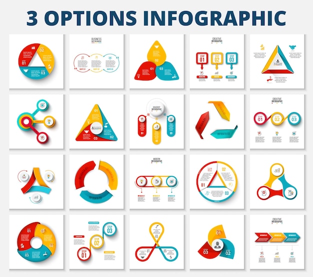 Elementos infográficos de paquete vectorial con opciones de 3 pasos, partes o procesos