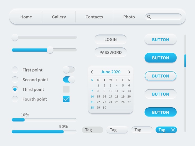 Vector elementos de interfaz blancos. plantilla de interfaz de usuario universal para aplicaciones móviles y sitios web. conjunto simple de herramientas, botones y diseño receptivo