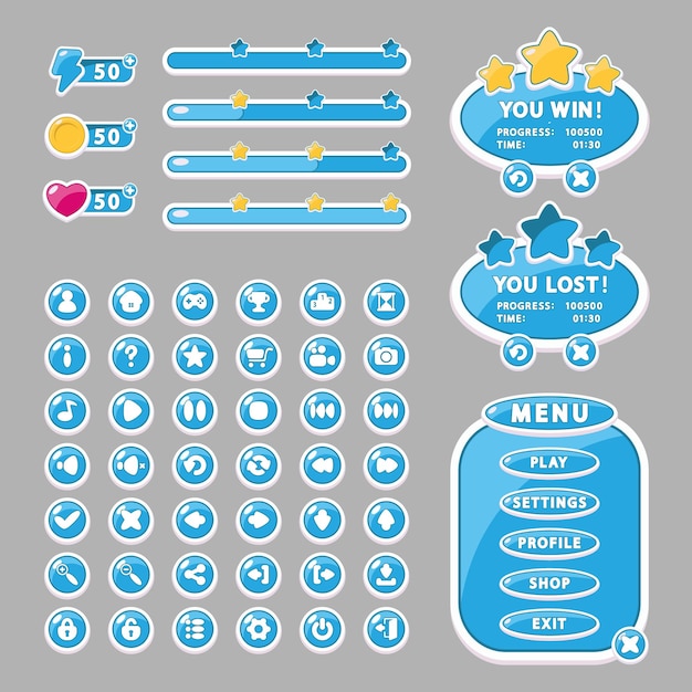 Elementos de interfaz para botones de diseño de juegos y aplicaciones, ventanas de menú y configuraciones (gui, ui).