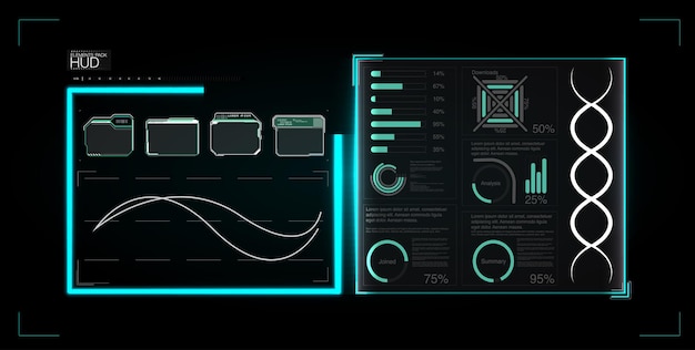 elementos de interfaz pantalla de marco HUD abstracto futurista, botón, carga, texto aislado en ba negra