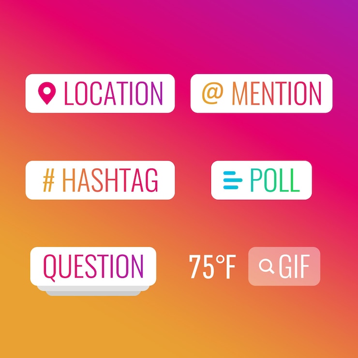 Vector elementos de la interfaz plantillas para historias con pregunta de hashtag de encuesta de mención de ubicación