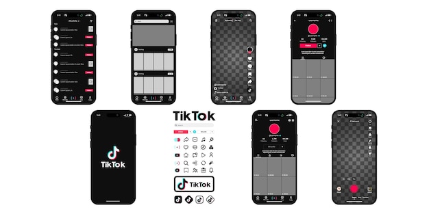 Elementos de la interfaz de TikTok, incluidas las pantallas de perfil y grabación Colección de redes sociales
