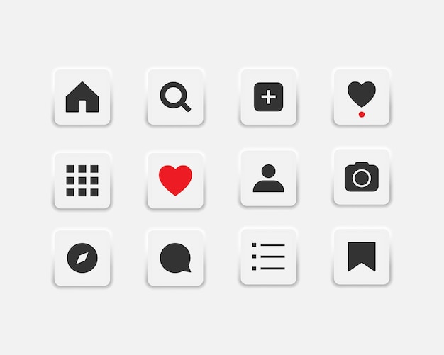 Elementos de la interfaz de usuario para la aplicación móvil Conjunto de iconos de neumorfismo Kit de diseño de ui ux neumórfico único Iconos de comentarios de fotos del corazón de búsqueda en el hogar Vector EPS 10