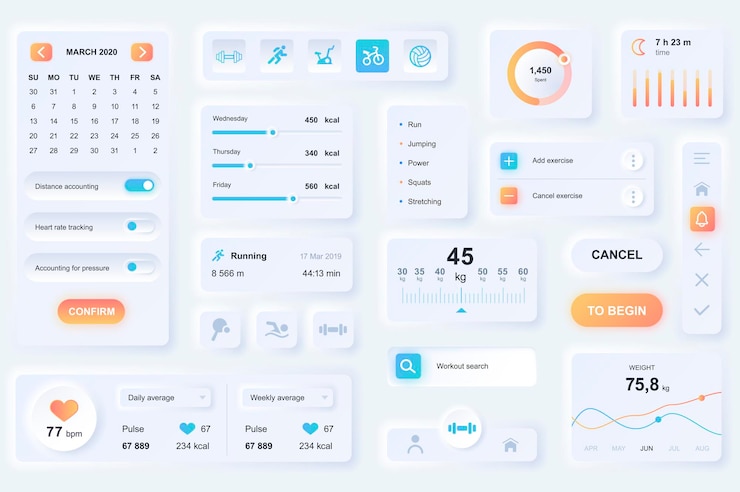 Vector elementos de la interfaz de usuario para la aplicación móvil de fitness. plantilla única de elementos de interfaz de usuario, ux, gui, kit de diseño neumorfico. estilo neumorfismo. forma diferente, componentes, botón, menú, iconos vectoriales deportivos.