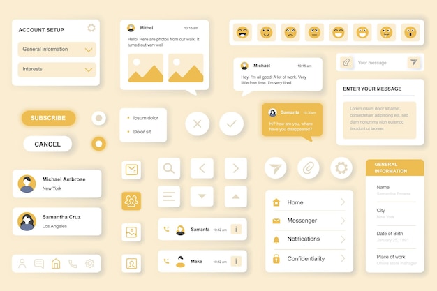 Elementos de interfaz de usuario configurados para la aplicación móvil Messenger o la plantilla de kit web con configuración de cuenta HUD chats emoji suscribirse a la red de negocios contactos en línea Pack de componentes de UI UX GUI Vector