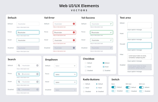 Elementos de interfaz de usuario de diseño web. Elementos de diseño UI UX para web y aplicación. Formularios de diseño plano.
