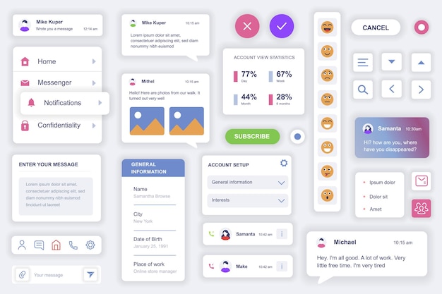 Vector elementos de interfaz de usuario establecidos para la aplicación móvil de mensajería plantilla de kit con diagramas hud botones de navegación mensajes de chat emoticonos estadísticas de perfil paquete de pantallas ui ux gui componentes vectoriales