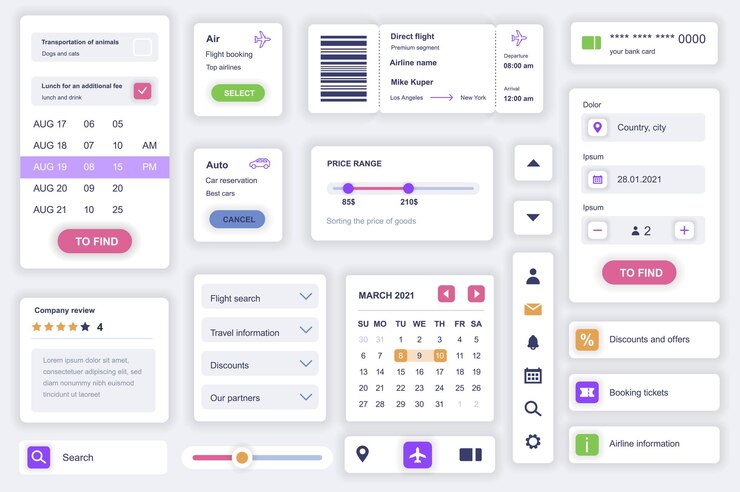 Vector elementos de la interfaz de usuario establecidos para reservar la plantilla del kit de aplicación móvil con diagramas hud billete de avión tarjeta de embarque formulario calendario información de viaje paquete de pantallas ui ux gui componentes vectoriales