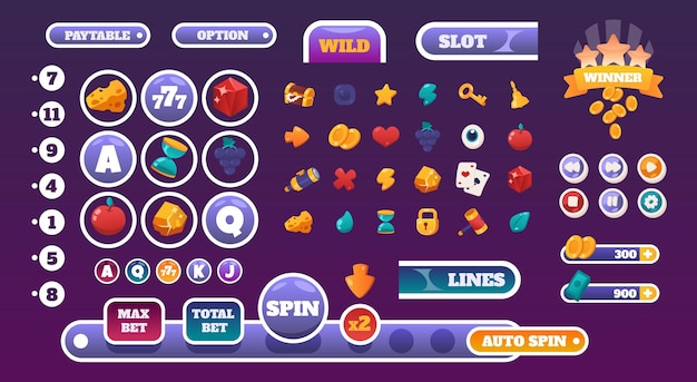 Elementos de la interfaz de usuario de juegos Juego de gráficos de dibujos animados de juego de tragamonedas con iconos de casino Barras de progreso de interfaz de juego en línea colorida y maqueta de botones Diseño de paneles o encabezados de menú conjunto de vectores