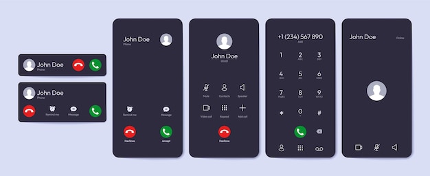 Elementos de la interfaz de usuario de llamadas entrantes superposición de teléfono inteligente con botones de llamada de aceptación y declinación pantalla de teléfono móvil con mensajes de texto e iconos de llamada conjunto plano vectorial