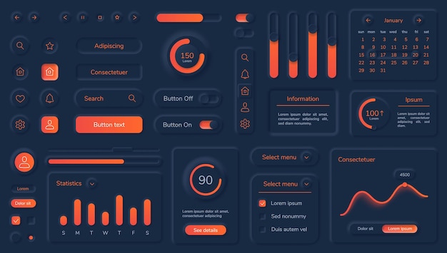 Elementos de interfaz de usuario neumórficos oscuros con botones y barras de neón. diseño de tablero de estilo de neumorfismo negro, juego de vector de kit de interfaz de usuario de aplicación móvil