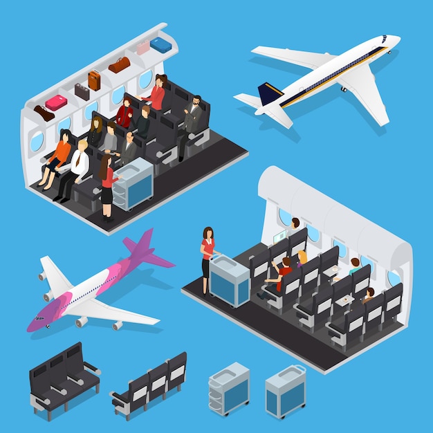 Elementos interiores del avión con vista isométrica de personas Incluye el personal del asiento del avión y la ilustración vectorial del pasajero del jet