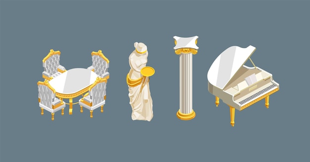 Elementos interiores en una columna de estatua de silla de mesa de piano de estilo isométrico clásico