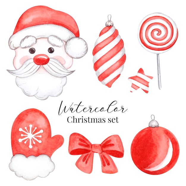 Elementos de invierno de acuarela con santa y dulces. juguetes navideños, lazo rojo y manopla. decoración para