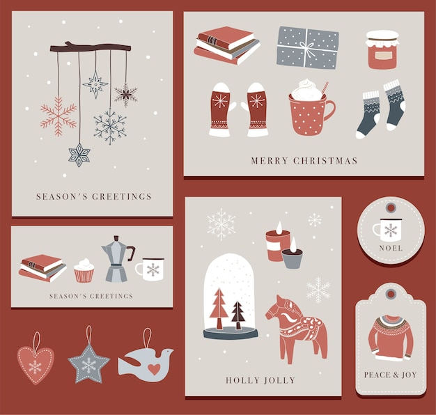 Elementos de invierno nórdico, escandinavo y concepto hygge, tarjeta de feliz navidad, banner, fondo, dibujado a mano