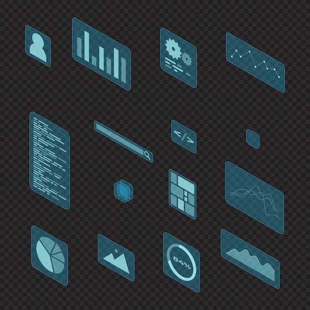 Elementos isométricos de la interfaz de usuario Gráficos infográficos Visualización de datos Elementos de hologramas de interfaz futuristas Ilustración vectorial